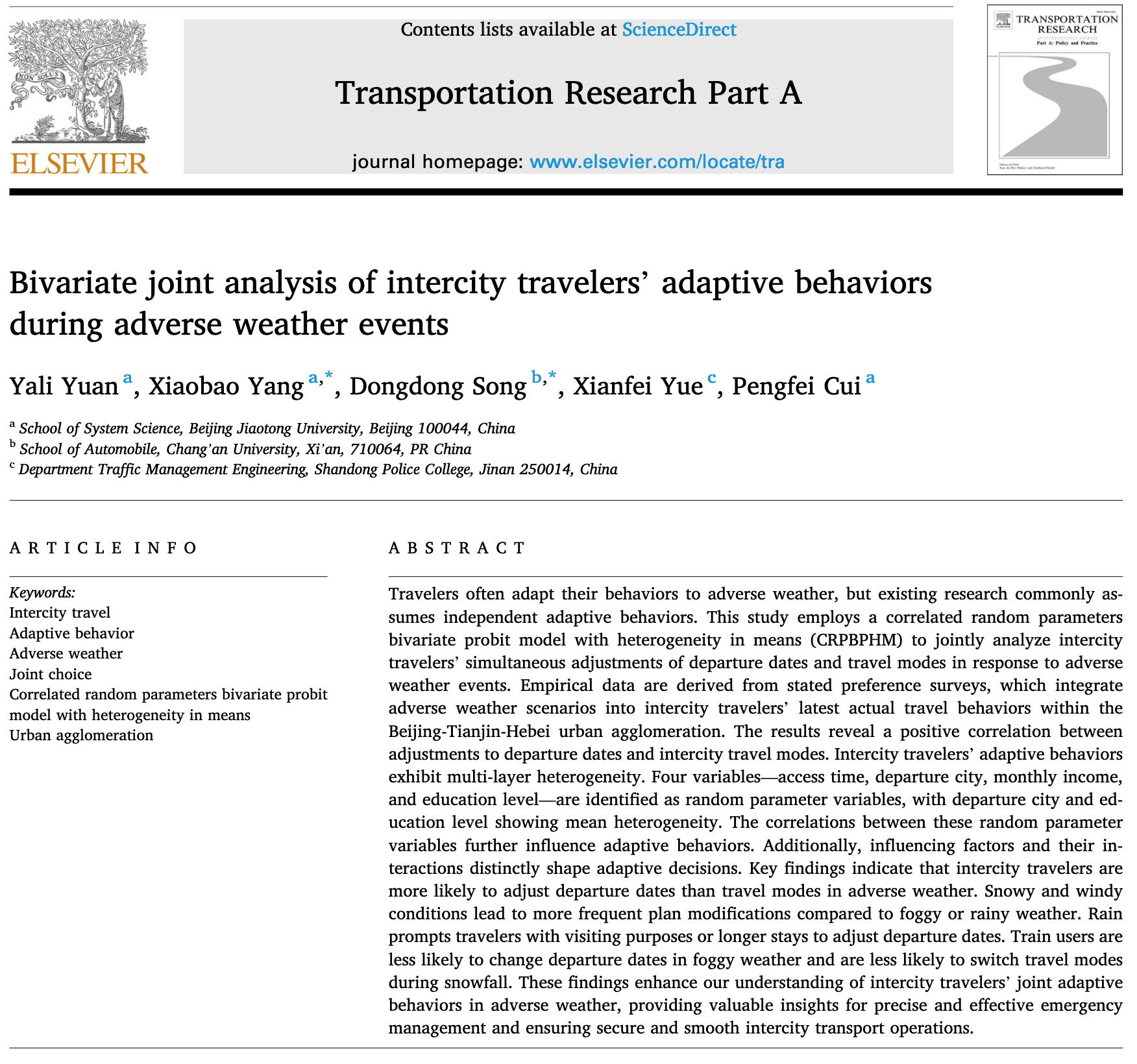Bivariate Joint Analysis of Intercity Travelers' Adaptive Behaviors During Adverse Weather Events
